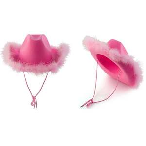 Nouveaux chapeaux de cowgirl roses de style occidental unisexes, chapeau Fedora à bord roulé avec bordure en plumes pour festival, fête, pêche, au design féminin - Product Image 2