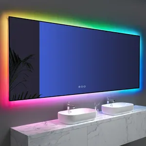 공유 직사각형 프레임 매직 Led 욕실 거울 RGB 빛 사용자 정의 스마트 터치 스크린 화장대 벽