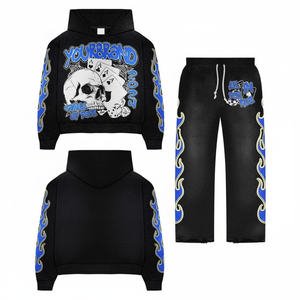 Lavado ácido unisex para estampado de hojaldre, pantalones de chándal acampanados apilados, trajes de chándal de invierno, conjunto de Jogger con capucha y cremallera de algodón 100%, más sólido - Product Image 1