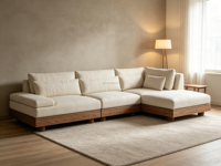 Canapé d'angle FERLY à profil bas en lin texturé avec coussins en duvet, confortable pour le salon
