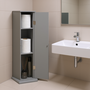 Armoire d'angle de salle de bain grise de 12 pouces de large, 3 niveaux, avec portes et étagères pour le rangement du papier toilette et du shampoing - Product Image 2