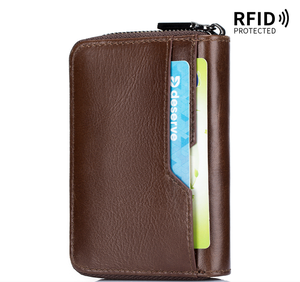 European American Retro Cowhide Men's Short <b>Wallet</b> First Layer with Zipper Closure Vertical Multi-Card Pull-Out <b>RFID</b> Card Bag - Product Image 1