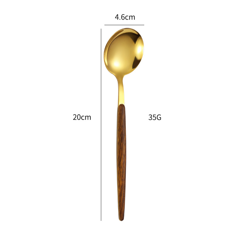 Grande cuillère à grain de bois avec manche rond doré