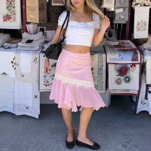 French Luxury Lace <b>Patchwork</b> Mini <b>Skirt</b> High Waist Asymmetrical Ruffle Hem Pink Sweet <b>Skirt</b> Women - Product Image 3