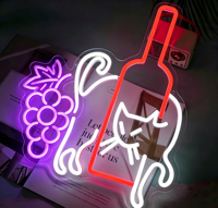 Enseigne néon LED Chat avec bouteille de vin et raisin, lumière néon personnalisée sur panneau acrylique pour décoration murale de bar