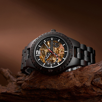 Montre de luxe pour homme, squelette, logo personnalisé, bois de santal noir naturel, automatique, mécanique, acier inoxydable, tourbillon