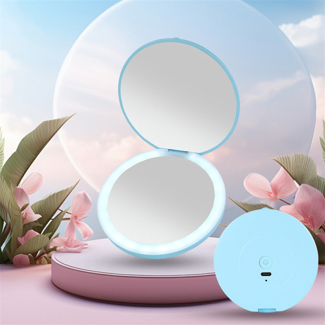 Usb Rechargeable Portable Travel Handheld Pocket Custom Logo Foldable Led Light Cosmetic Smart Touch Screen Makeup Mirror