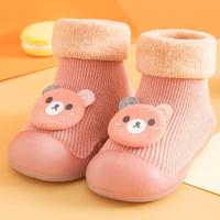 Chaussons-chaussettes pour bébé en tricot rose poudré doux, avec bordure en peluche, semelle souple et flexible en TPE antidérapante, pour premiers pas, vente en gros