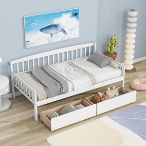 White Solid Wood <b>Kids</b> <b>Storage</b> Bed With Drawers And Guardrails For Bedroom Child Use - Product Image 1