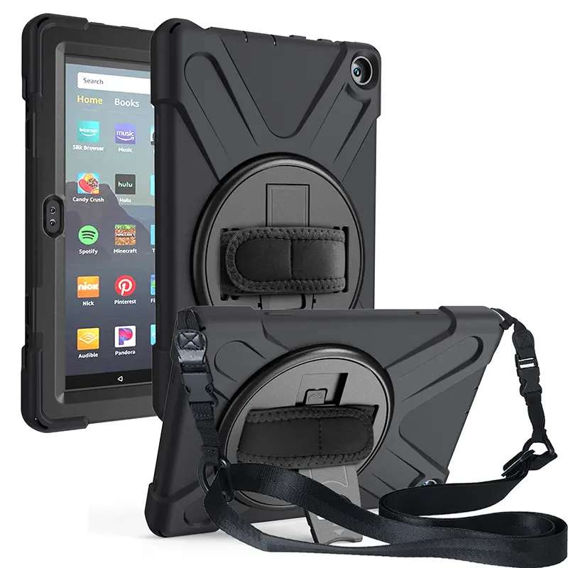 Heavy duty rugged case with strap for Amazon Kindle Fire HD 8 2020 Kids Tablet Protector Shell built in shoulder strap