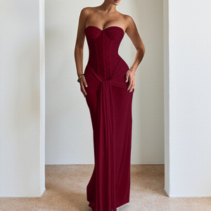 Robe de soirée longue pour femme en polyester, nouveau style occidental, avec bustier à ruban fluide, cintrée à la taille, amincissante, élégante et unie - Product Image 4