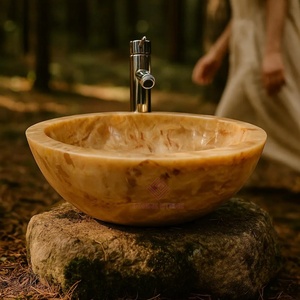 Ronde Gouden Honing Marmeren Vat Gootsteen Handgesneden Natuursteen Badkamer Ijdelheid Kom High-End Luxe - Product Image 3