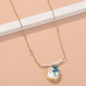 BINSHUO gros bijoux personnalisés élégant diamant chaîne tour de cou populaire perle coquille papillon fleur à la mode pendentif collier femmes