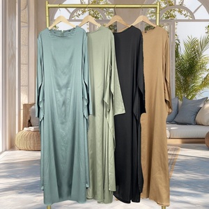 Women 2 Pieces Abaya <b>Set</b> Chic Lace up Waist Inner Dress and Ruffle Sleeves Cardigan Smooth Thin Satin Eid Muslim Abaya 1925# - Product Image 6