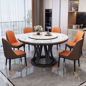 لوح صخري عالي الجودة وكرسي مجموعة طاولة مستديرة منزلية بسيطة حديثة من الخشب الصلب طاولة مستديرة كبيرة مع طاولة دوارة - Product Image 2