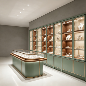 Aménagement intérieur de bijouterie de luxe, vitrine sur mesure pour bijoux, équipement de magasin, kiosque à bijoux en laiton vert pour boutique de détail - Product Image 5