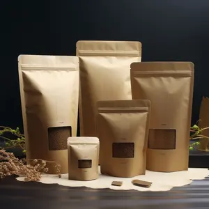 Sacs alimentaires en papier Kraft brun avec fenêtre, pochette à fermeture éclair avec Logo de taille personnalisée pour l'emballage du thé et du café