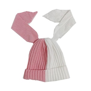 Knitted Hat for Women Autumn Winter Student Warm Ear Protection Cute Rabbit Color <b>Block</b> Long Ear Beanies - Product Image 1