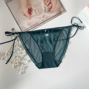 Braguitas de malla con bordado floral para mujer, de color liso, con lazo lateral, transparentes, de cintura media, elegantes, lencería para dama, venta al por mayor - Product Image 1