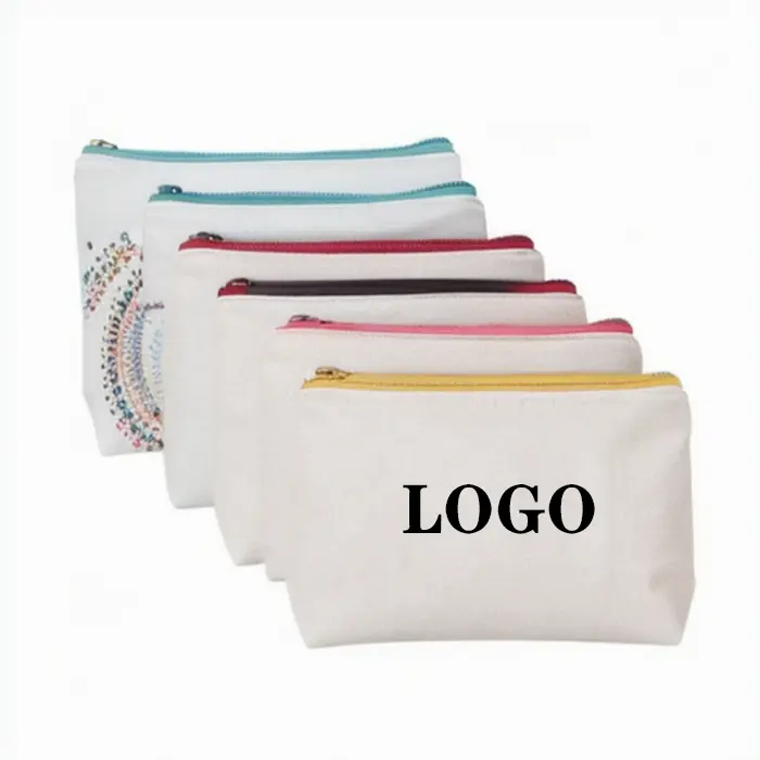 Grosir kustom cetak Logo dapat digunakan kembali polos perlengkapan mandi kantong kanvas katun Makeup tas kosmetik