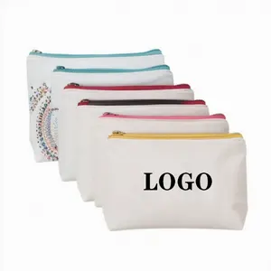 Toptan özel baskılı Logo kullanımlık boş düz makyaj çantası tuval pamuk makyaj kozmetik çantaları