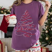 Vente chaude Personnalisé Bling Arbre De Cristal De Noël Photos Conception Strass Transfert De Chaleur pour Vêtement
