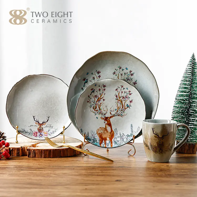 Vajilla navideña creativa, tazas de porcelana con decoración pintada a mano de alce, platos de cerámica y cuencos, juegos de vajilla