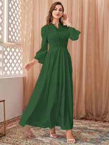 Robe de demoiselle d'honneur en mousseline unie à col en V et manches longues avec empiècements en dentelle, prête à porter pour femme - Product Image 3