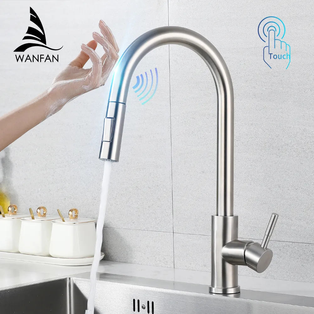 Lüks SUS304 gurme aşağı çekin akıllı dokunmatik sensör mutfak musluk 2 yollu çok fonksiyonlu su tasarrufu musluk sıcak soğuk karıştırıcılar dokunun
