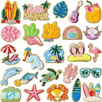 Patchs brodés en chenille personnalisés pour l'été et la plage, motifs planche de surf, coquillages, animaux marins, badges thermocollants pour shorts, vestes, sacs