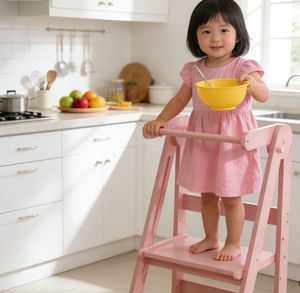 Tour d'apprentissage pour enfants réglable en rose, station de préparation des aliments en cuisine, marchepied pour bébé, marchepied en bois stable, échelle à domicile - Product Image 2