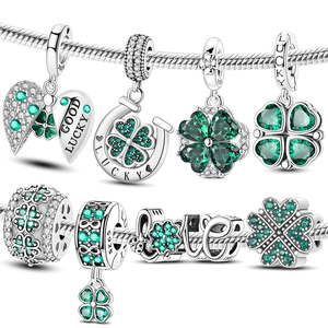 Abalorio de Trébol de la Suerte, Plata de Ley 925, Circonita Verde, Colgante de Trébol de Cuatro Hojas, Compatible con Pulseras Originales, Regalo de Joyería DIY - Product Image 1