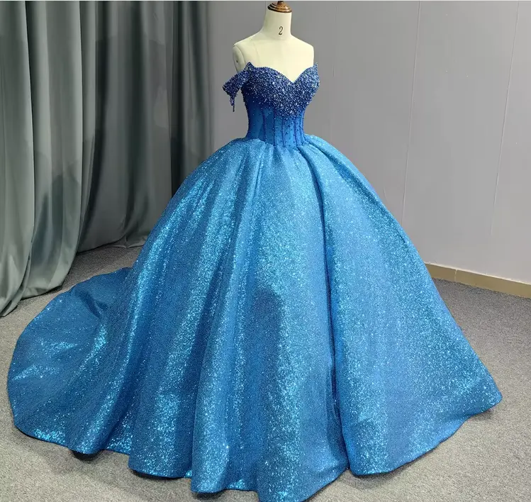 QD1649 Blue Sky Sequins Sparkly Bling Bling Sweetheart Quinceanera Dresses Ball Gown Princess Dress New Designs Ball Gowns Puffy