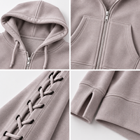 Sweat-shirt à capuche zippé court pour femme, en molleton épais, avec manches à lacets, épaules tombantes et poignets fendus, style streetwear, vente en gros