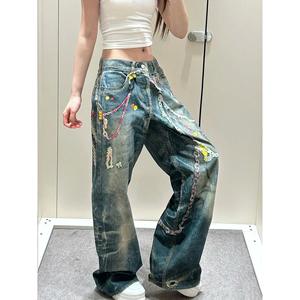 Jeans de mezclilla lavados con cuentas decorativas de cadena para hombres y mujeres - Product Image 2