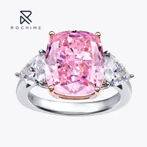 Rochime cincin berlian mewah 8 karat, tiga batu merah muda 925 sterling silver lapis emas 5a zirkon perhiasan untuk wanita