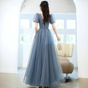 Women's Evening Gown Blue V-neck Empire Waist Ball Gown Chiffon Vintage Fashionable Host Performance Dress - Product Image 4