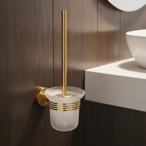 Soporte moderno para escobilla de baño, montado en la pared, con vaso de plástico esmerilado y acabado de latón pulido, diseño minimalista redondo para baño - Product Image 2