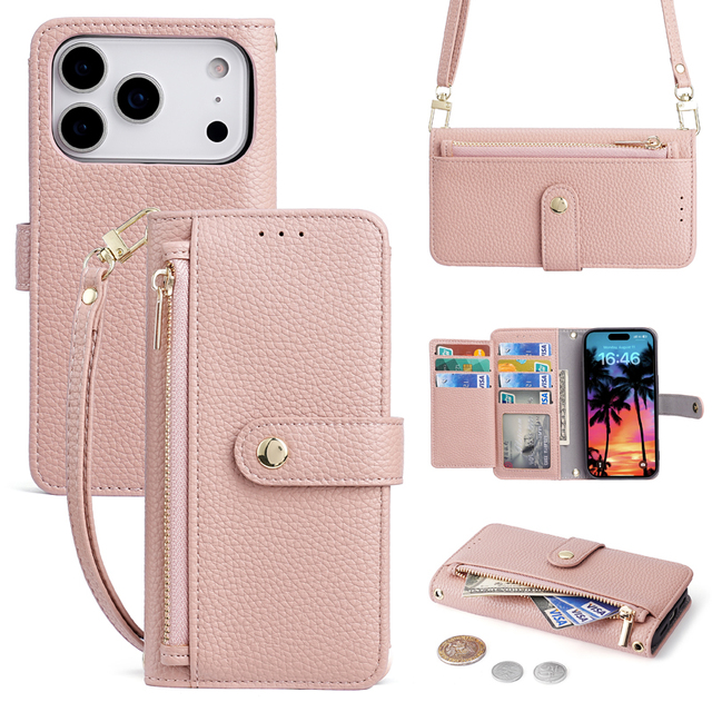 Luxury Hands Free Premium Leather Wallet with Strap Card Slot Cover Cross Body Mobile Phone Case for iPhone Series