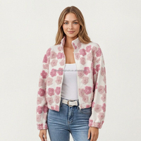 Veste en polaire sherpa à fermeture éclair intégrale pour femme, motif floral 3D, coupe courte, pour l'hiver