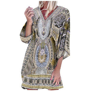 Vestido de mujer con estampado étnico con cuello en V Playa Tiempo libre en vacaciones Vestido bohemio de manga larga Sukienka Damska Vestido Mujer Verano - Product Image 1