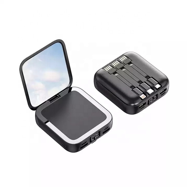 YM-441 Logo Custom Powerbank Beauty Makeup Mirror Built-in Cables Portable Quick Charger Fast Charging Power Bank for Girls Gift