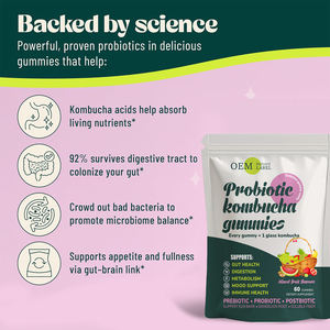 ओम/गंध आंत स्वास्थ्य समर्थन प्रोबायोटिक कोम्बुचा गुम्मीज मिश्रित फल स्वाद आहार पूरक 60 गुम्मीज निजी लेबल - Product Image 2