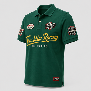 เสื้อเชิ้ตผู้ชายสไตล์วินเทจสำหรับแฟนมอเตอร์ไซค์และนักขี่มอเตอร์ไซค์ ผ้าปิเก้ถักแขนสั้น ปักลายหลายจุด พร้อมตราสัญลักษณ์แบบกำหนดเอง ODM - Product Image 4