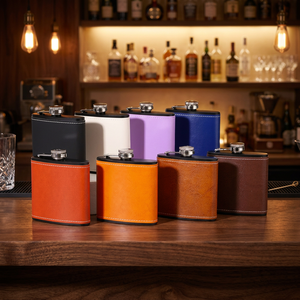 Gourde à whisky en acier inoxydable enveloppée de cuir, gourde de voyage portable, design rectangulaire classique, options multicolores - Product Image 2