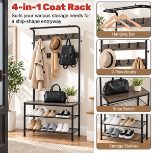 Industrial Hall Tree <b>Coat</b> <b>Rack</b> with Shoe Storage Bench 3-Tier Multifunctional Entryway Organizer Walnut Finish Steel Frame - Product Image 3