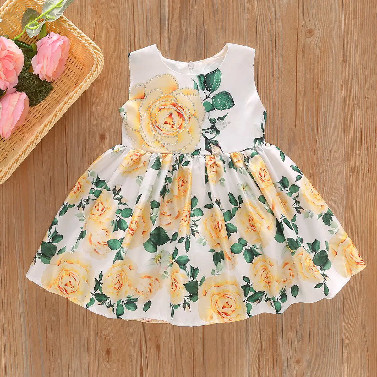 Shunying OEM Roupa De Menina en çok satan ürünler Customm tasarımcı güzel ve zarif saf renk çiçek kız çocuk elbiseleri