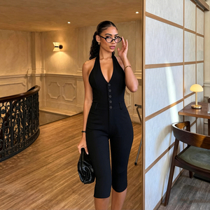 Women's Black V Neck Halter Neck Backless <b>Jumpsuit</b> Sleeveless Button-Front <b>Bodycon</b> Romper Summer Street Wear 2026 - Product Image 4