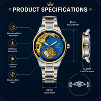 Montre mécanique automatique pour homme, verre cristal, squelette creux, affichage des phases lunaires lumineuses, bracelet en acier inoxydable bicolore, luxe
