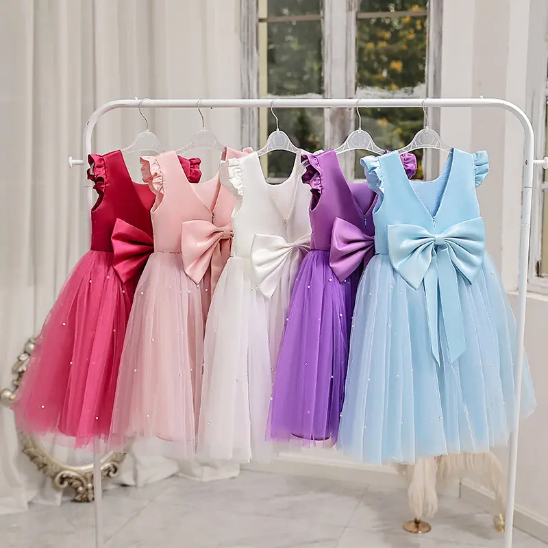 High Quality Private Brand Piano Performance Host Mesh Flower Girl Dresses Wedding Kids Tulle Tutu Dress Girl